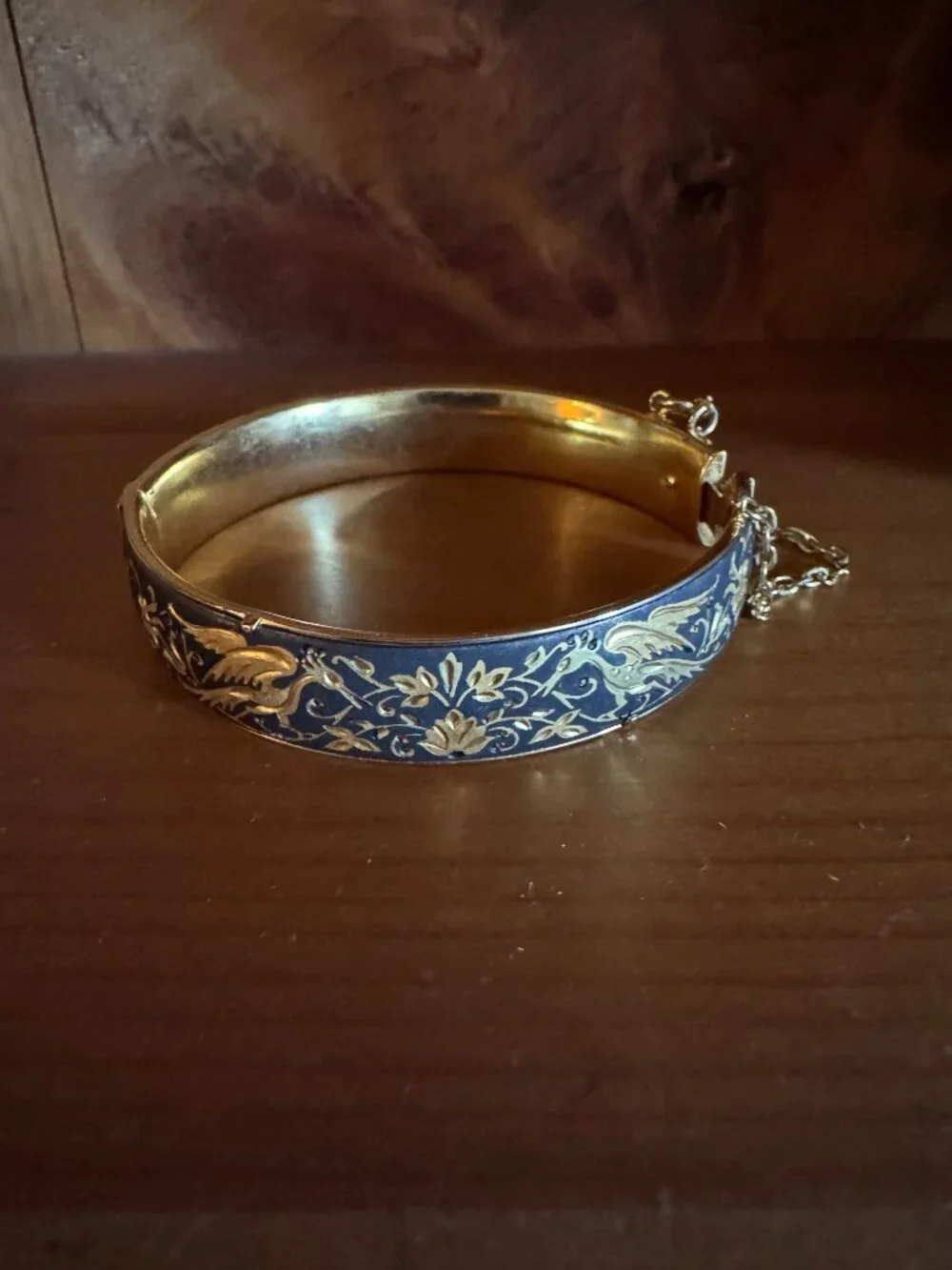 Vintage Damascene Gold Black Hinged Bracelet With Chain Bird-of-paradise